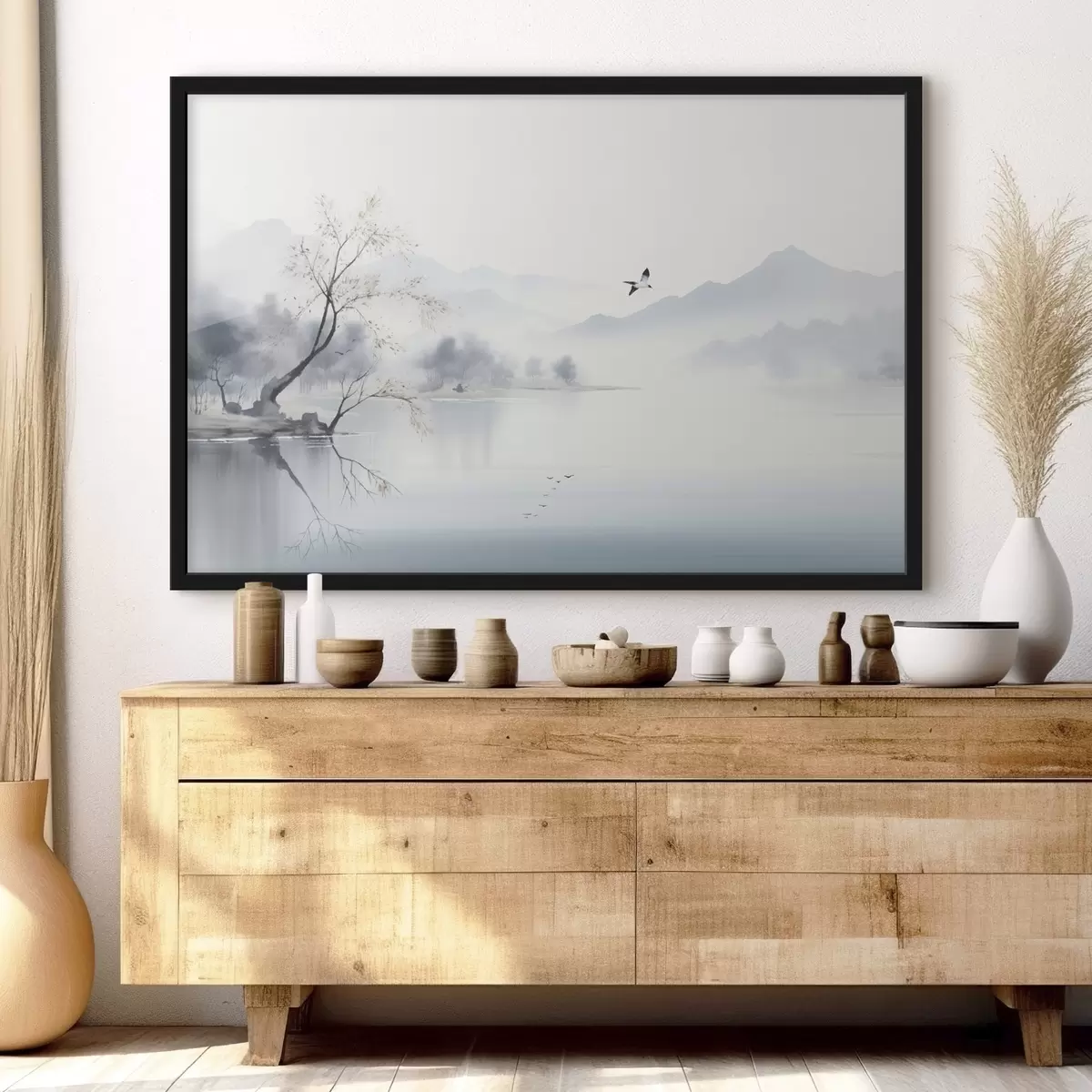 Poster Mlžná krajina se stromem, horami a ptáky f45518