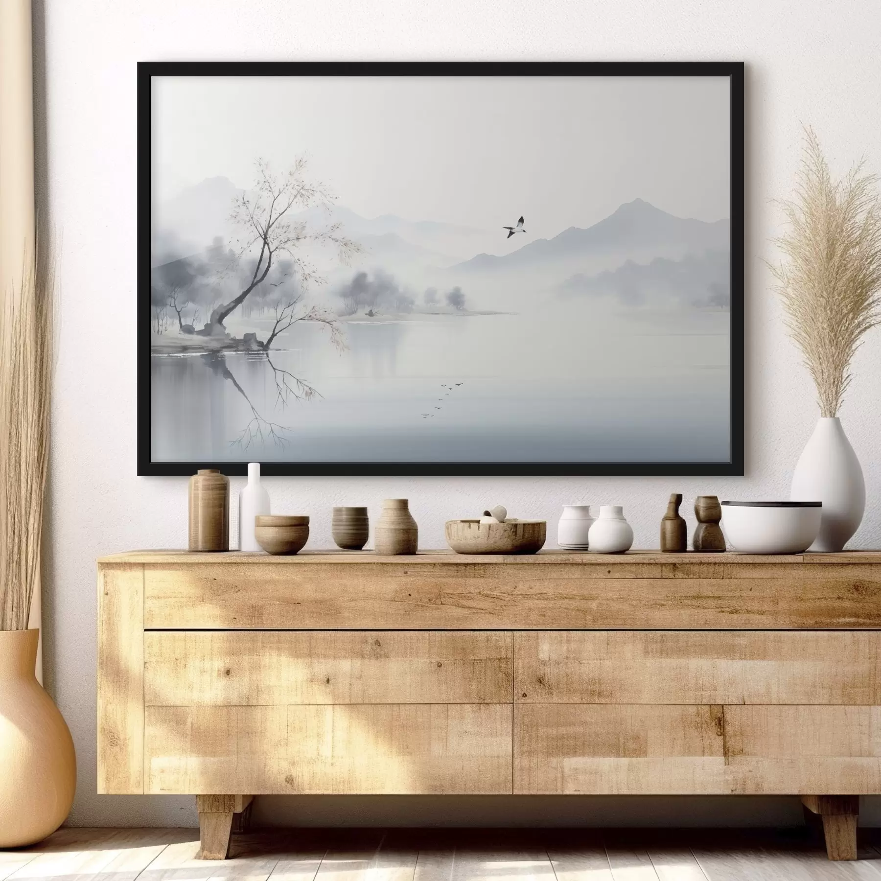 Fototapet Mlžná krajina se stromem, horami a ptáky f45518