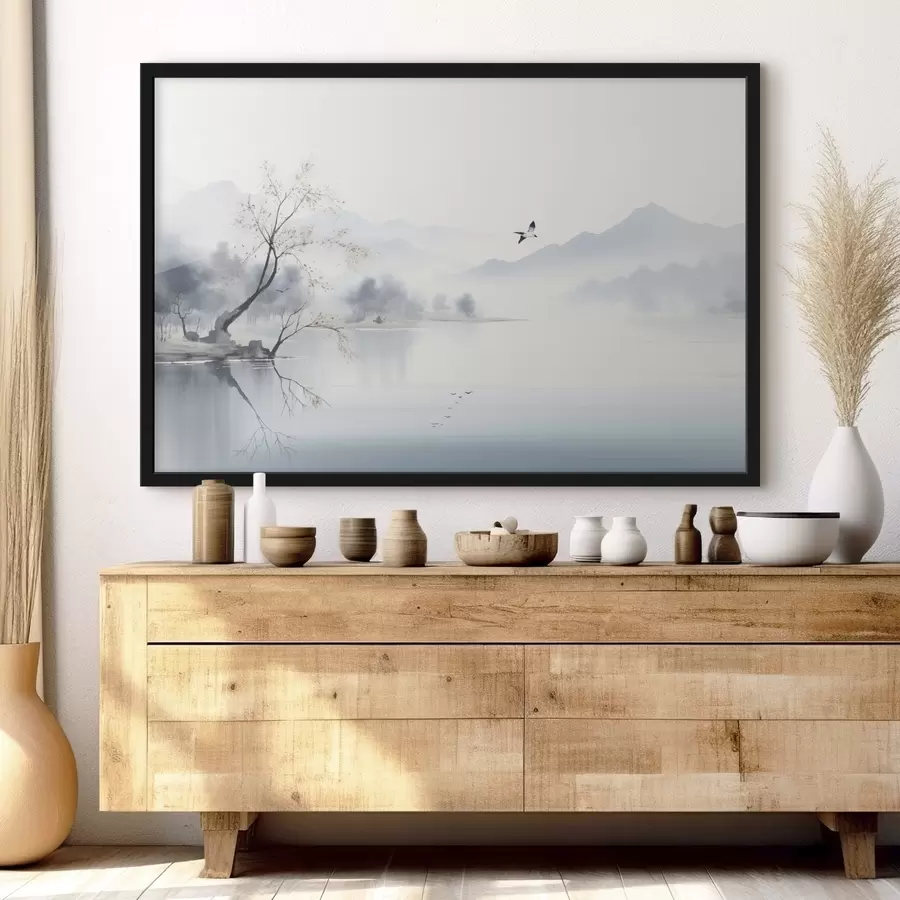 Fototapet Mlžná krajina se stromem, horami a ptáky f45518