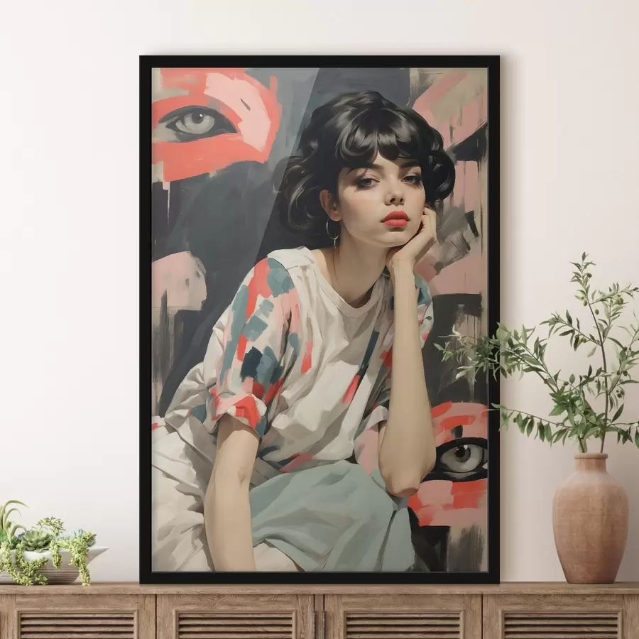 Fototapet Portrét dívky na pozadí s očima a abstraktními tahy f45623