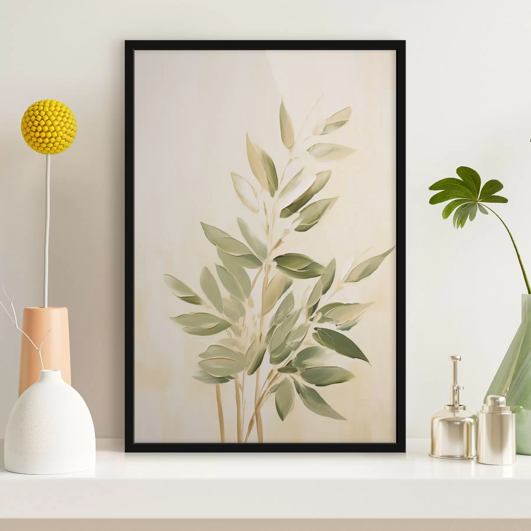 Fototapet Větev se zelenými listy na světle béžovém pozadí f45689