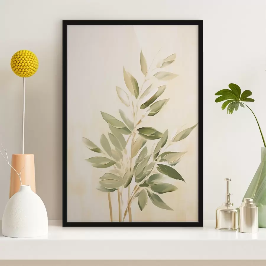 Fototapet Větev se zelenými listy na světle béžovém pozadí f45689