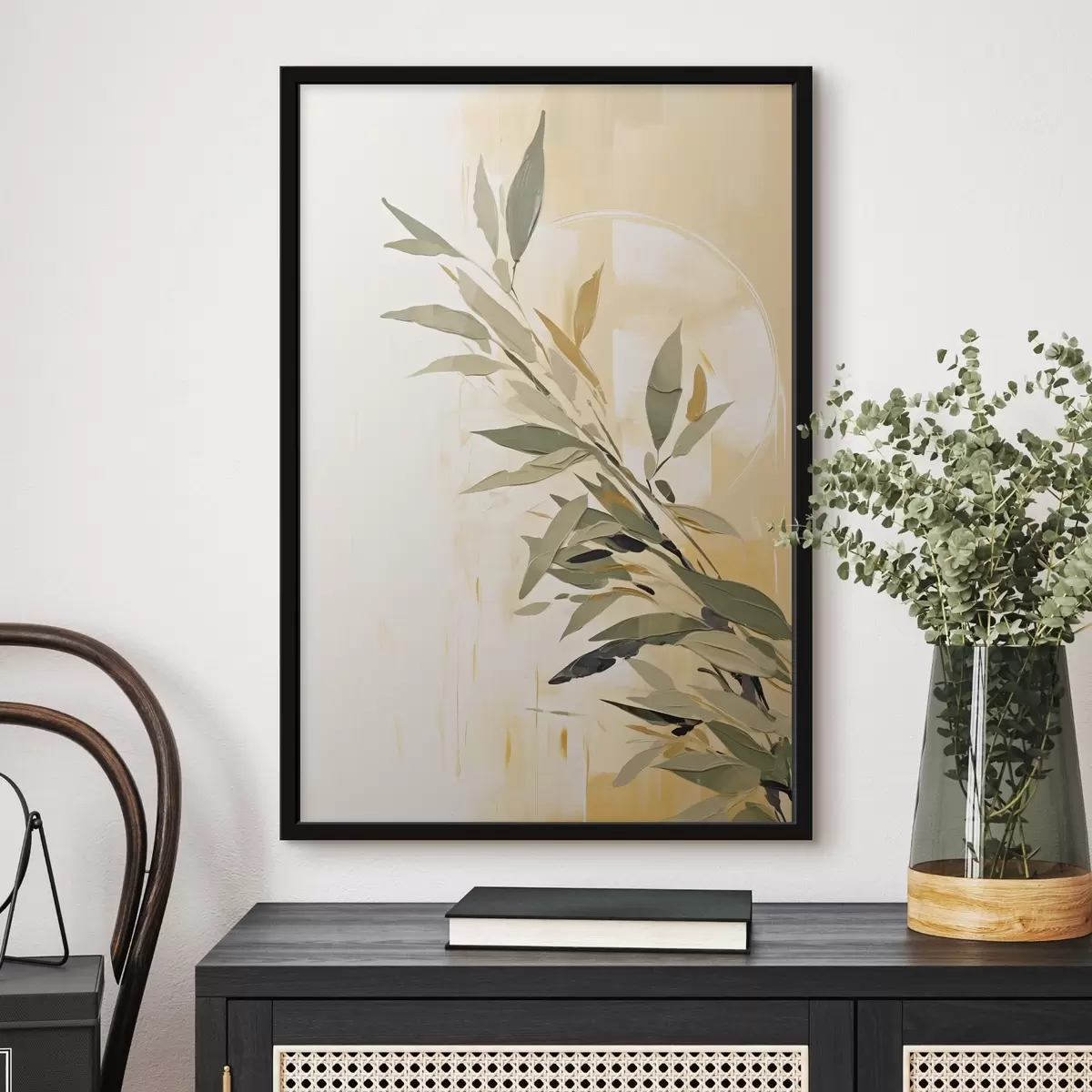 Poster Botanická větev se zelenými listy na teplém pozadí f45690