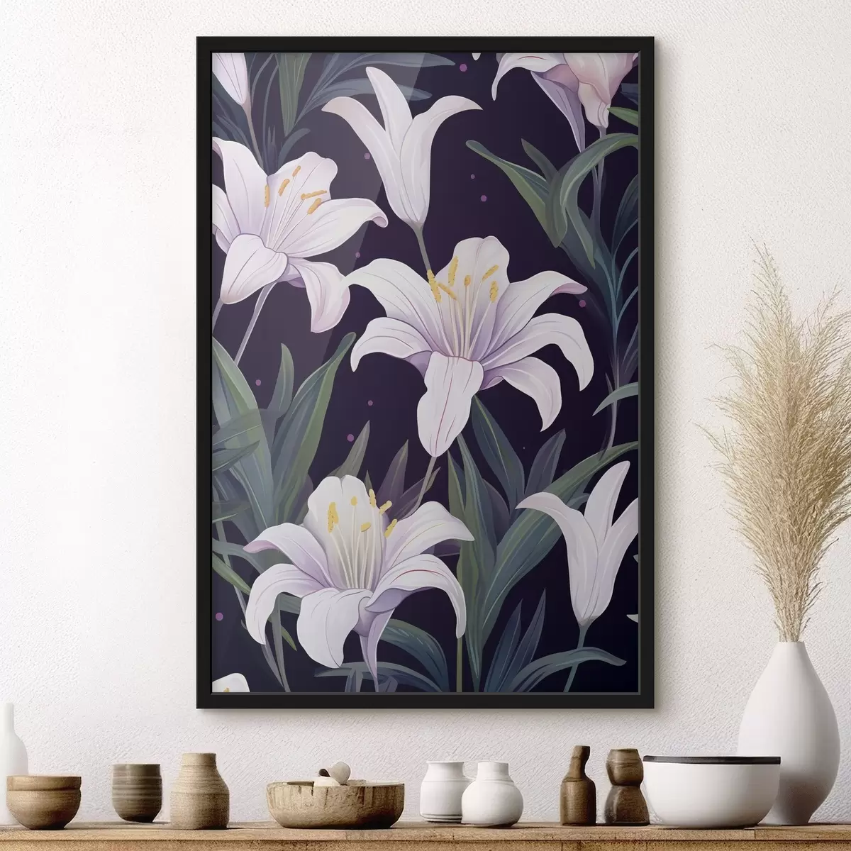 Poster Jemné lilie na tmavém pozadí se zelenými listy f45697