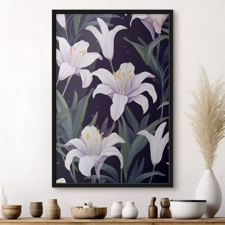 Fototapet Jemné lilie na tmavém pozadí se zelenými listy f45697