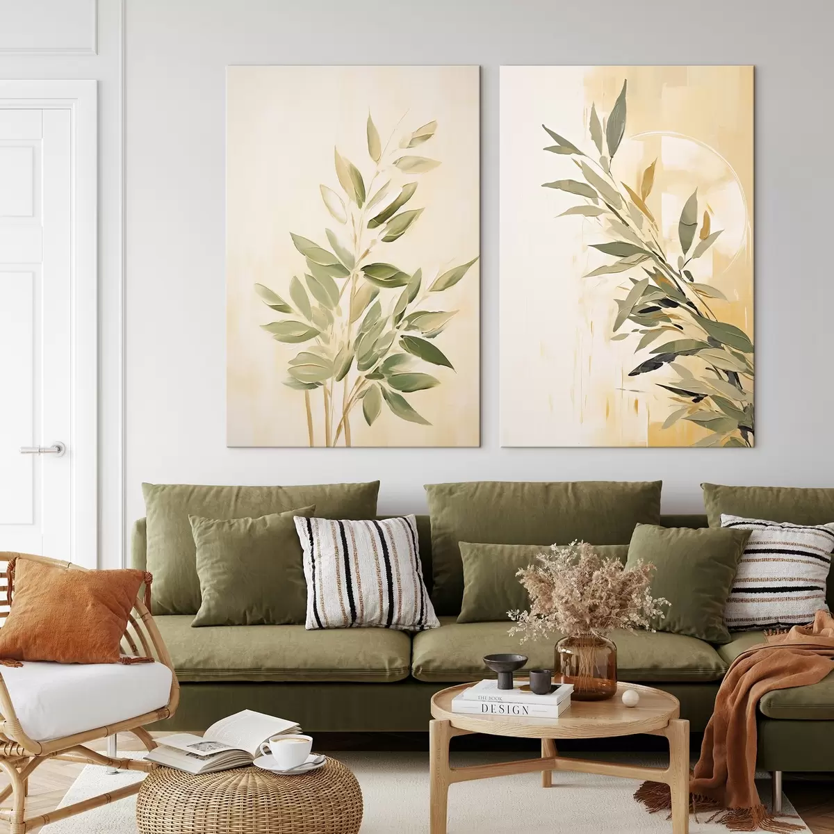 Obraz Botanická větev se zelenými listy na teplém pozadí Č. m00686