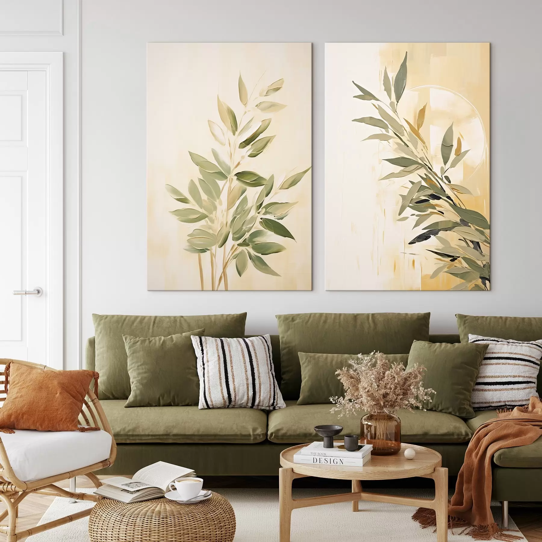 Obraz Botanická větev se zelenými listy na teplém pozadí Č. m00686