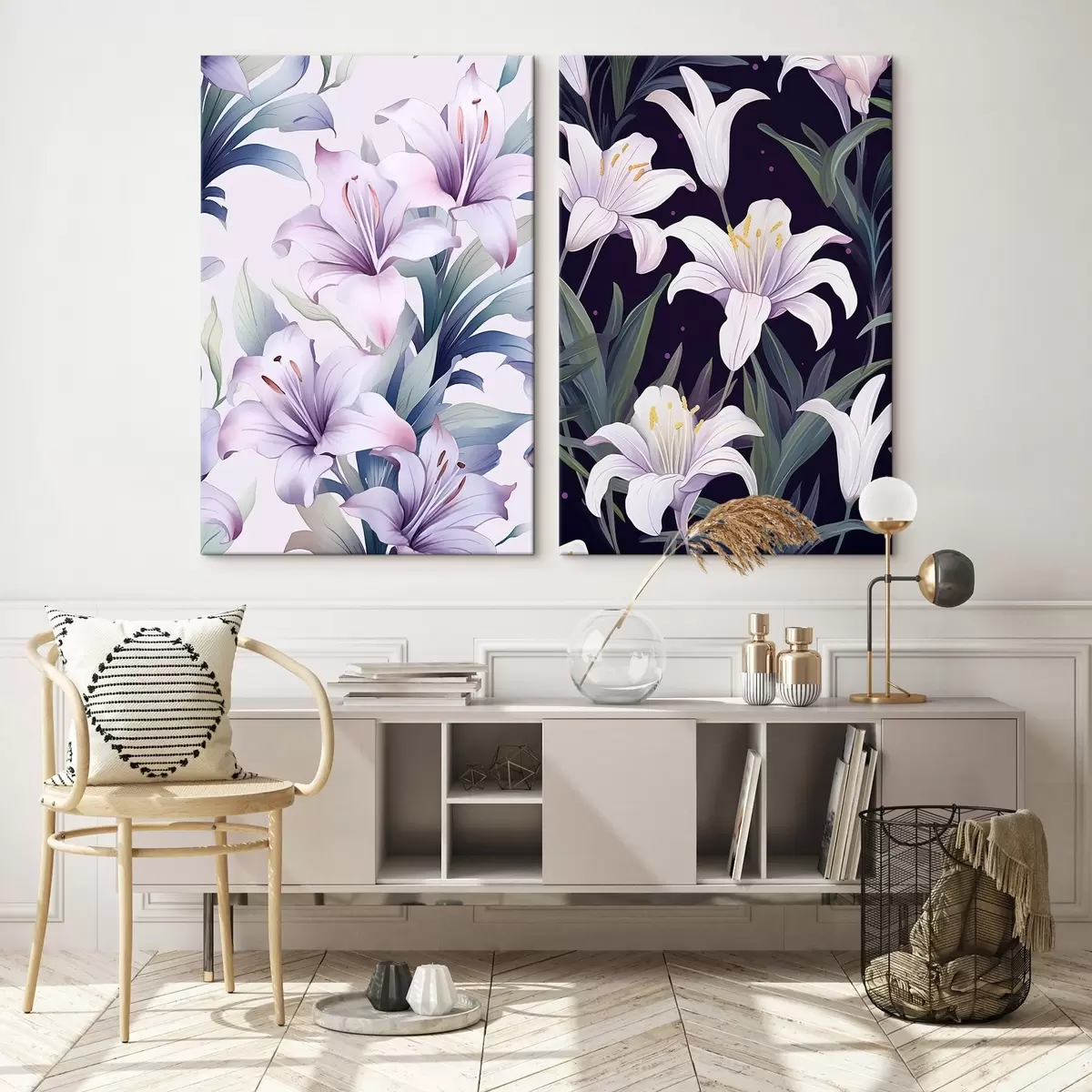 Obraz Jemné růžové lilie se zelenými listy na světlém a tmavém pozadí Č. m00689