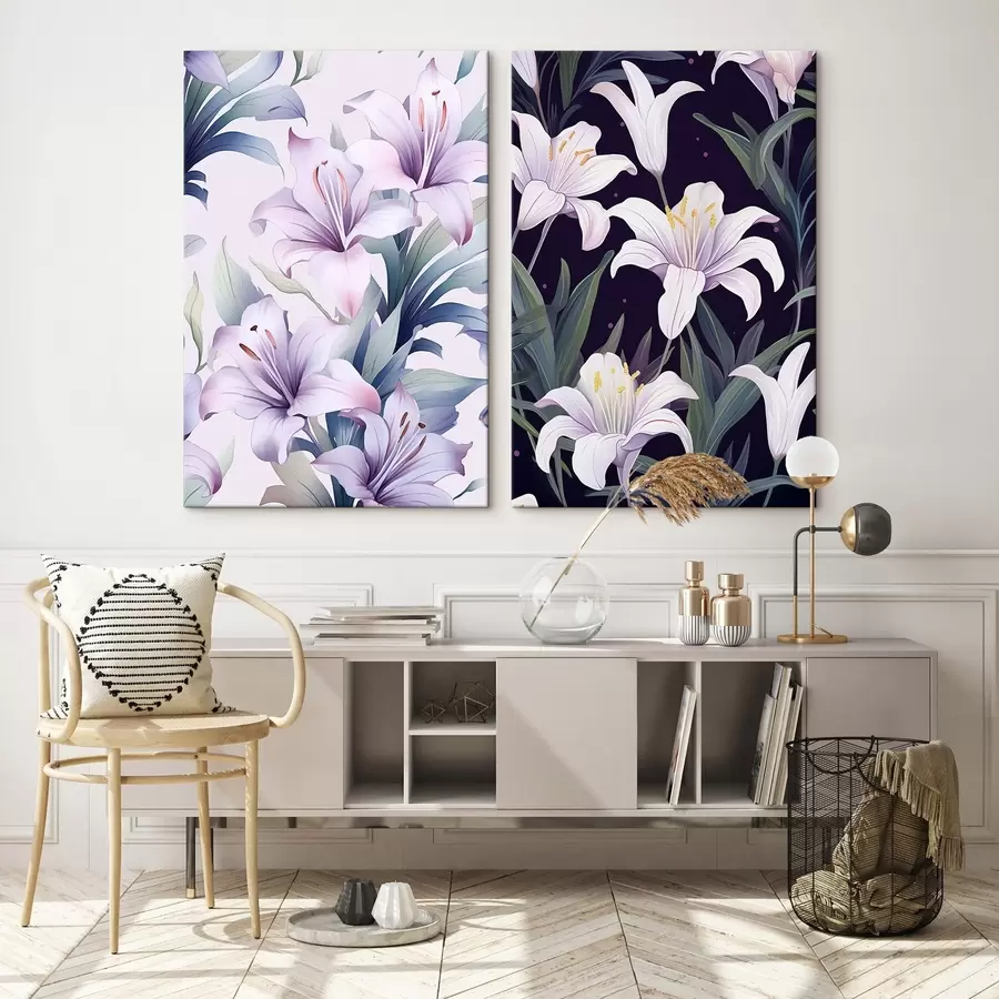 Obraz Jemné růžové lilie se zelenými listy na světlém a tmavém pozadí Č. m00689