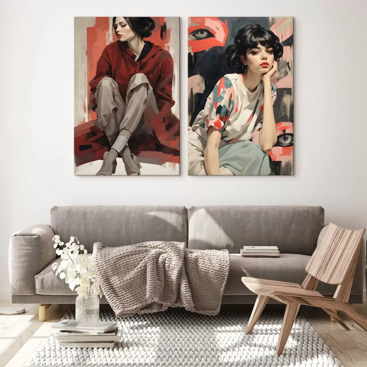 Obraz Portréty dívek v červených a béžových abstraktních stylech Č. m00695