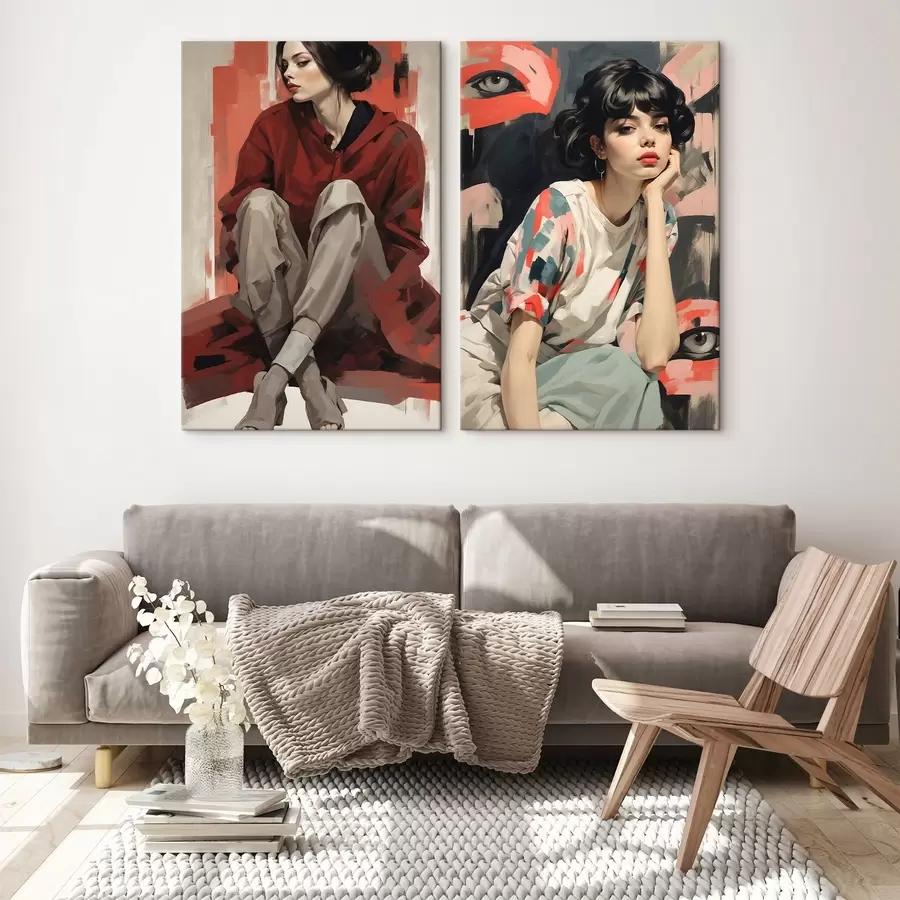 Obraz Portréty dívek v červených a béžových abstraktních stylech Č. m00695