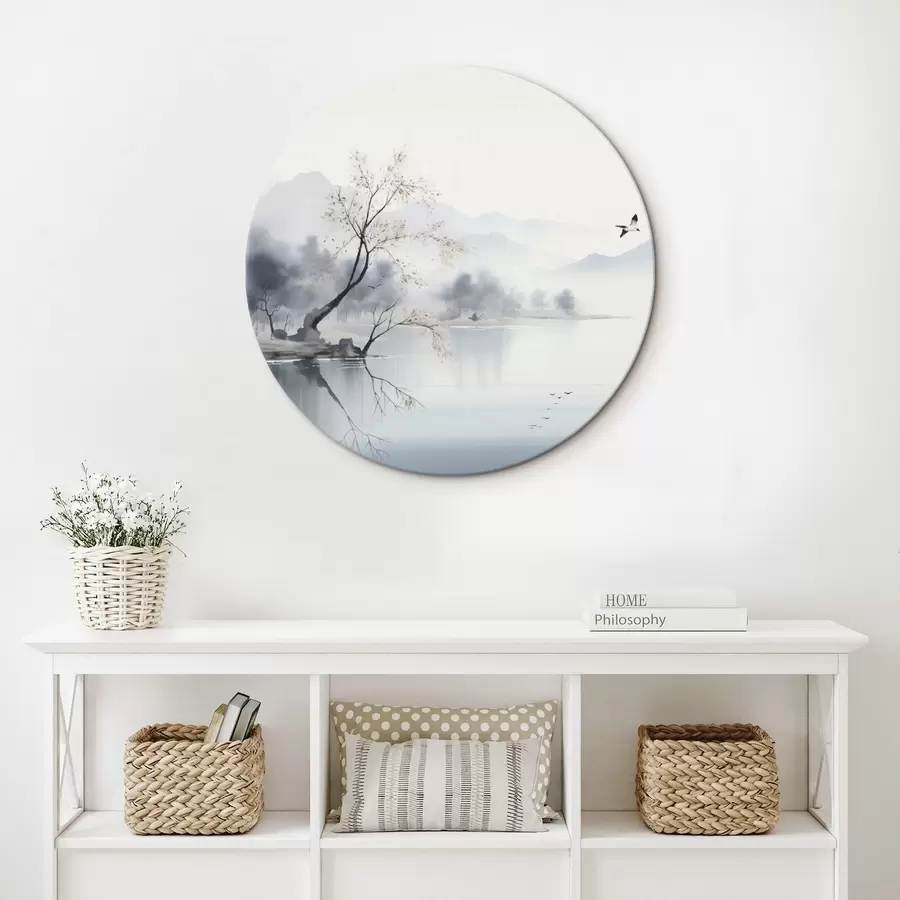 Obraz Mlžná krajina se stromem, horami a ptáky Č. r45518