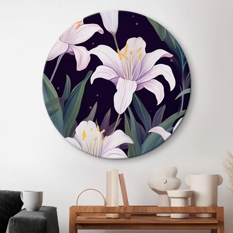 Obraz Jemné lilie na tmavém pozadí se zelenými listy Č. r45697