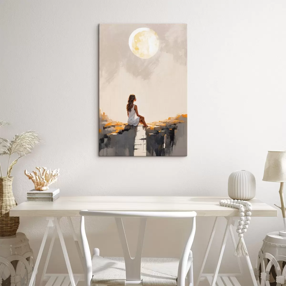 Obraz Dívka v bílých šatech sedící pod velkým měsícem Č. s45621