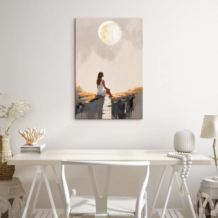 Obraz Dívka v bílých šatech sedící pod velkým měsícem Č. s45621