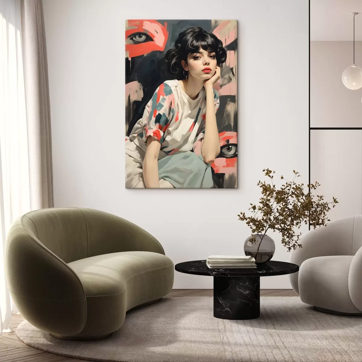 Obraz Portrét dívky na pozadí s očima a abstraktními tahy Č. s45623