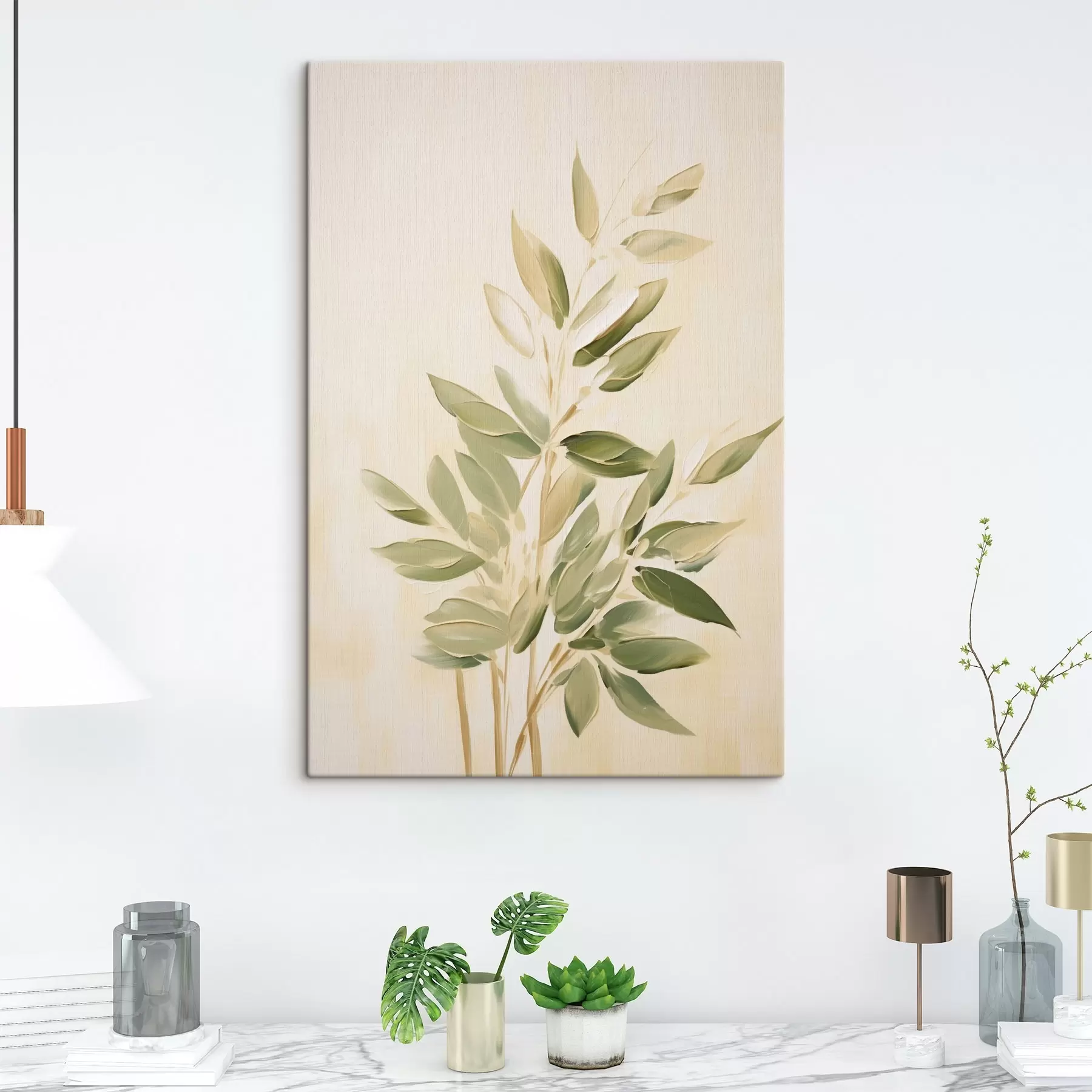 Obraz Větev se zelenými listy na světle béžovém pozadí Č. s45689