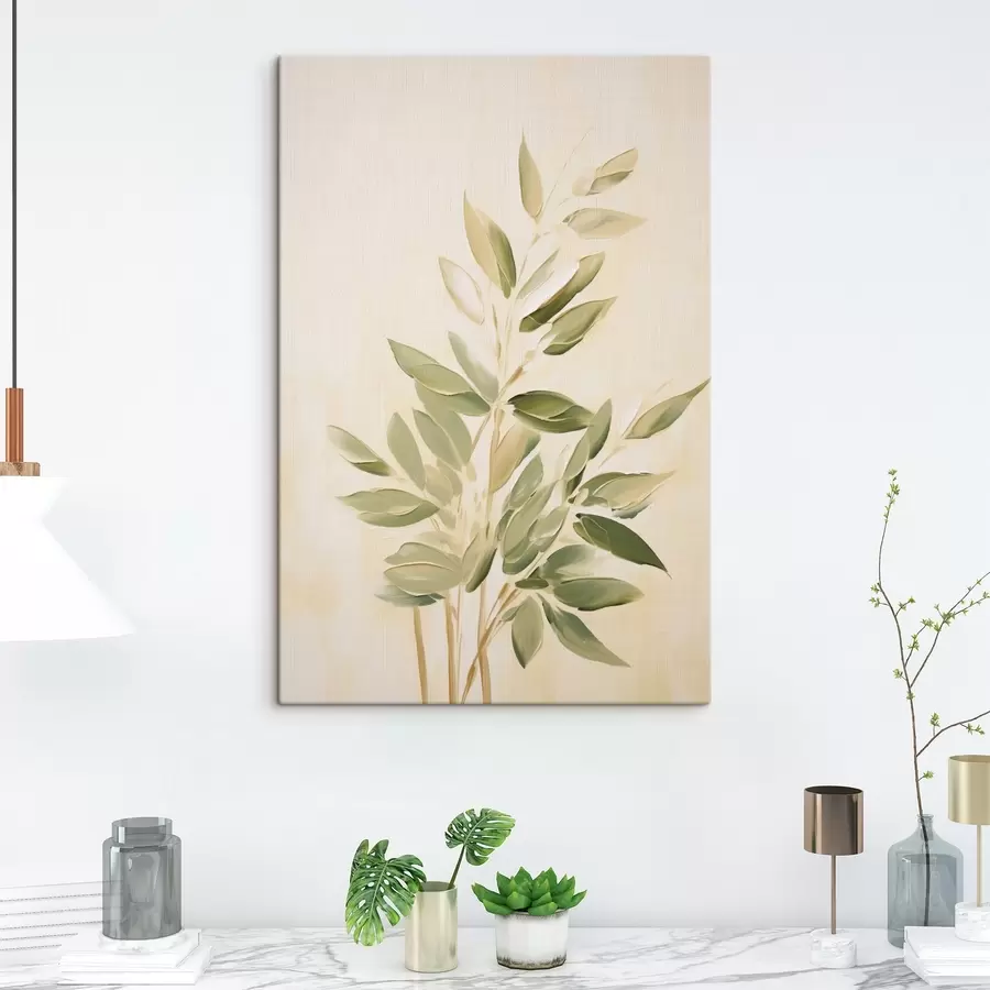 Obraz Větev se zelenými listy na světle béžovém pozadí Č. s45689