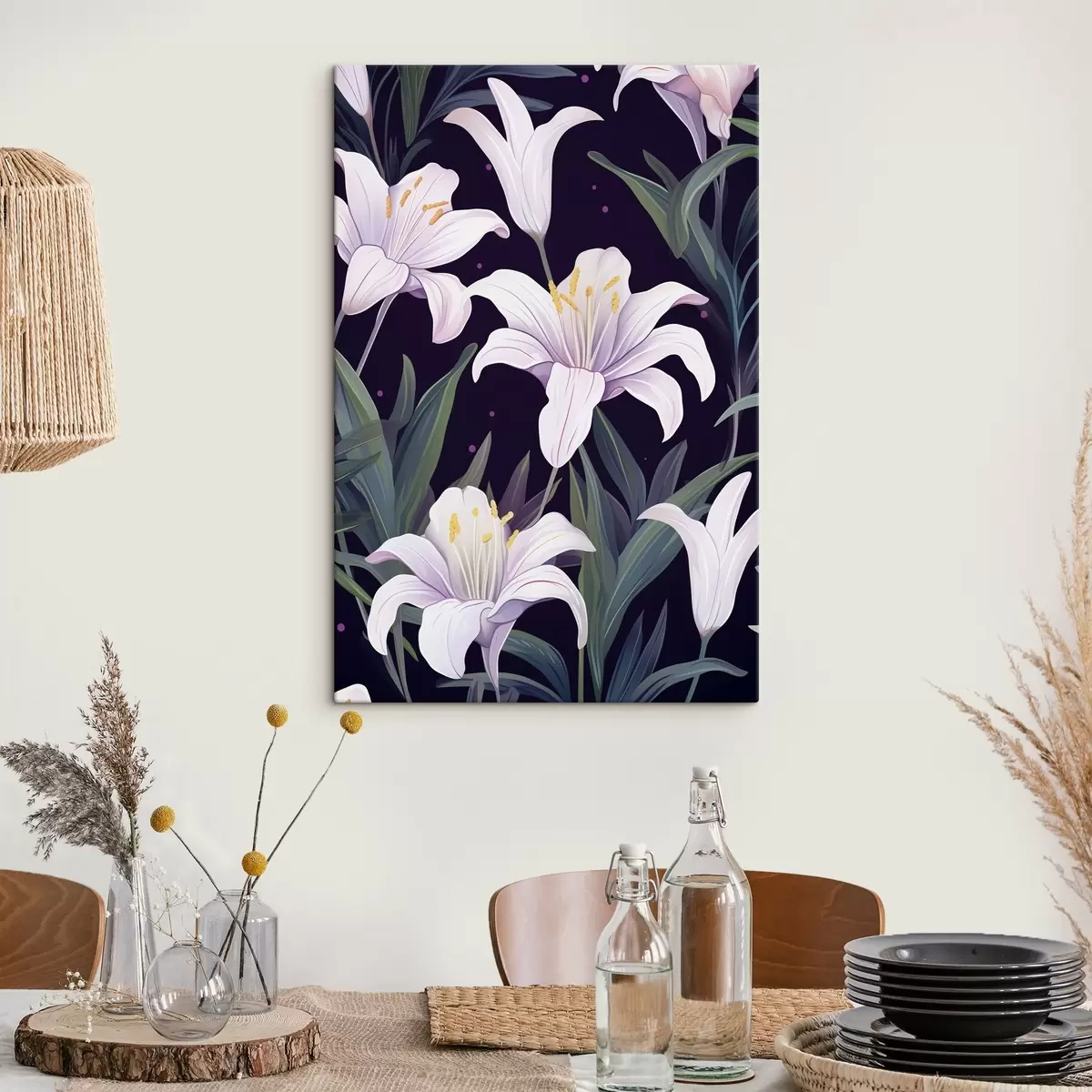 Obraz Jemné lilie na tmavém pozadí se zelenými listy Č. s45697