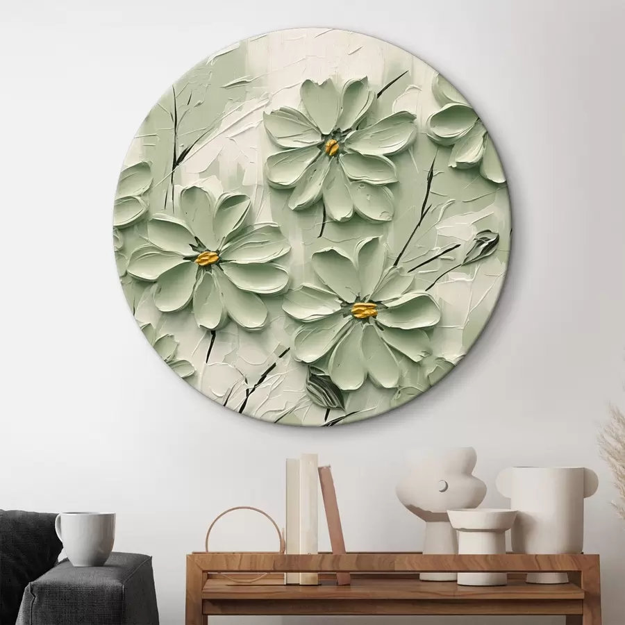 Obraz Zelené květy se žlutými středy malované hustými tahy štětce na světlém pozadí Č. r45265