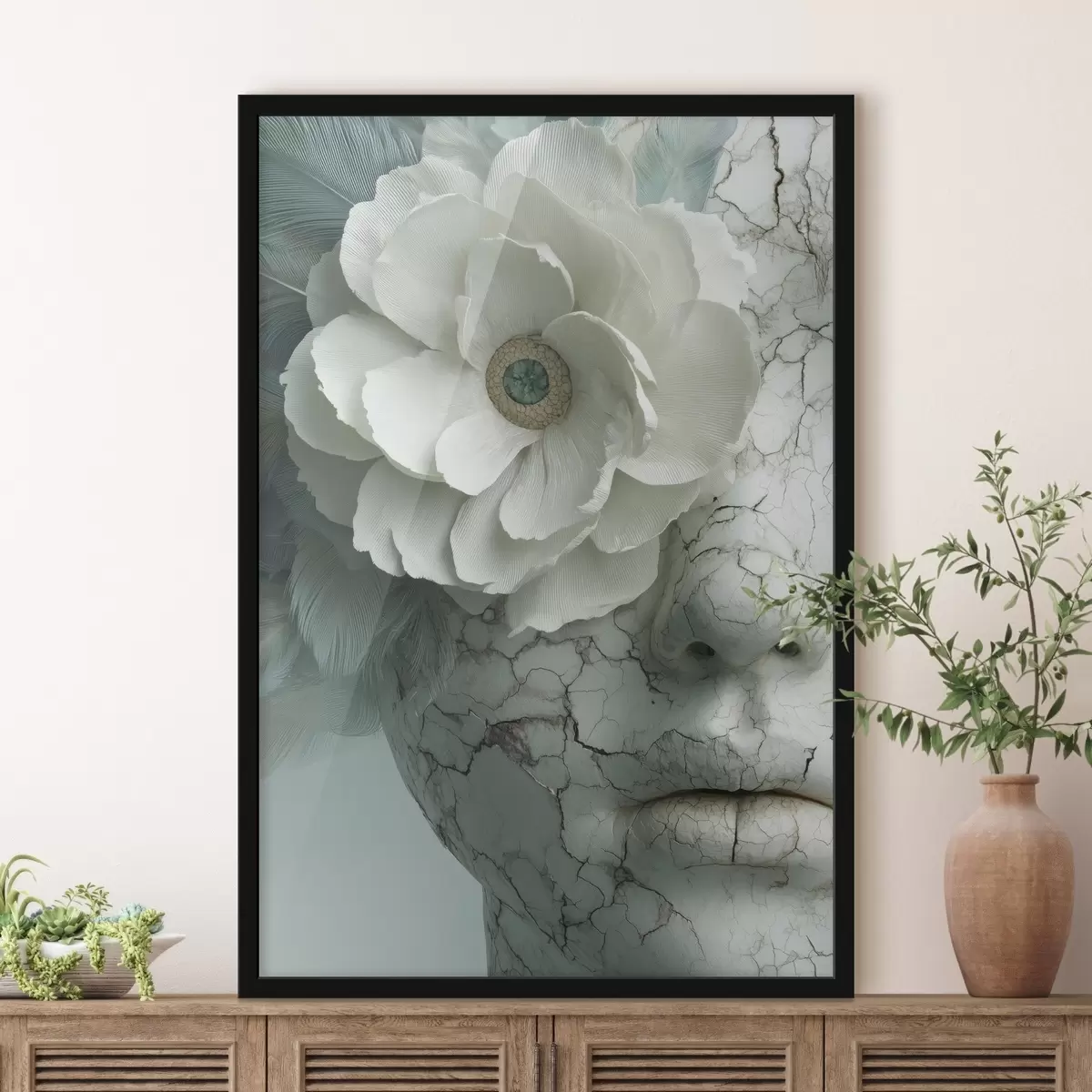 Poster mramorová tvář dívky s květinou f45709