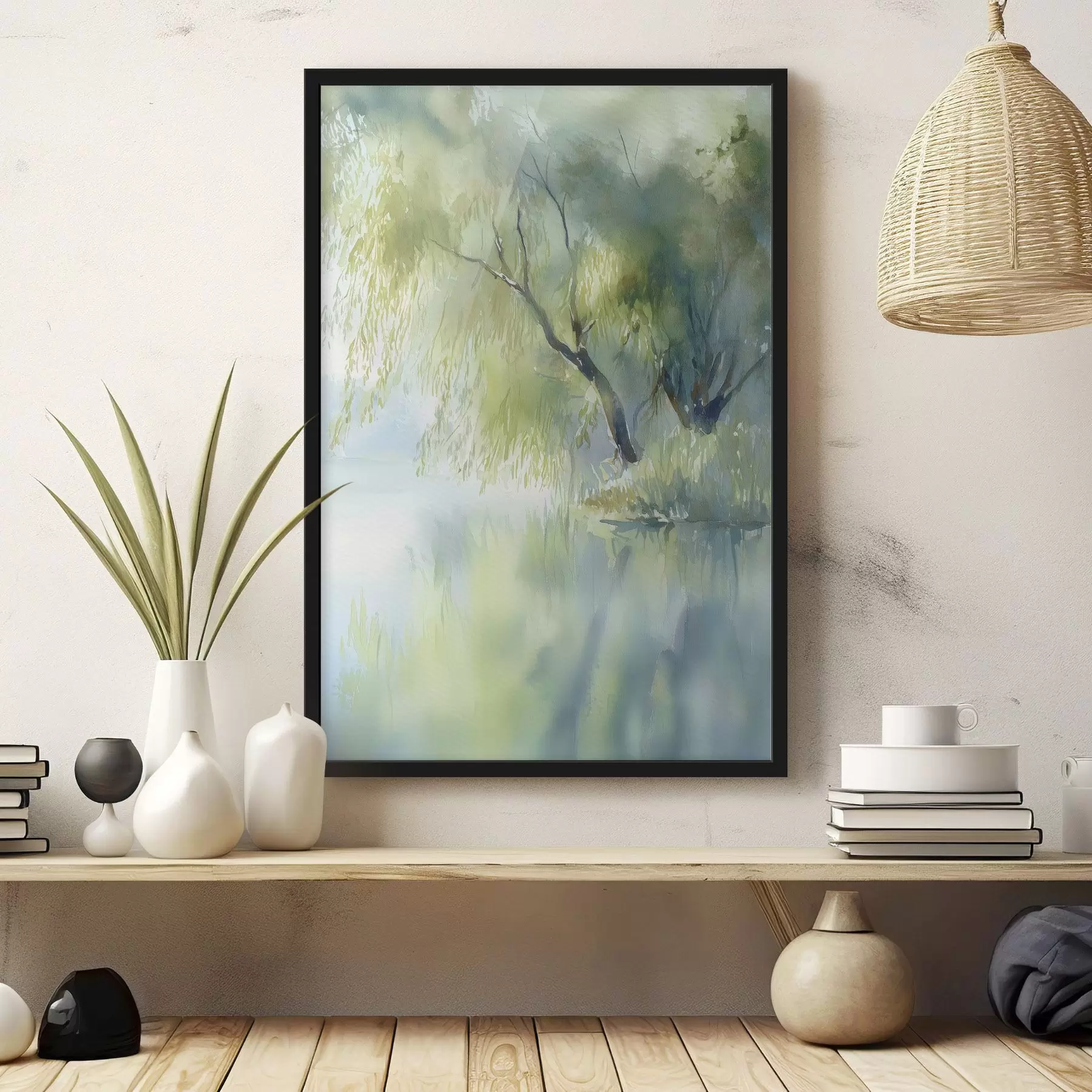 Fototapet vrba na břehu jezera v akvarelovém stylu f45715