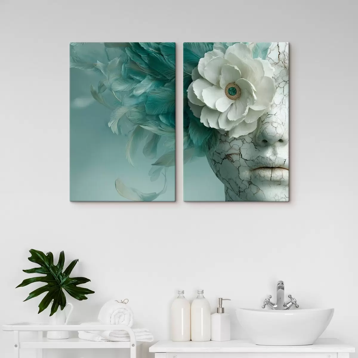 Obraz mramorová tvář dívky s květinou a peřím Č. m00699