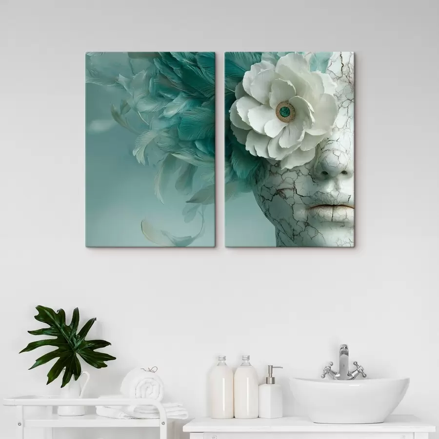 Obraz mramorová tvář dívky s květinou a peřím Č. m00699