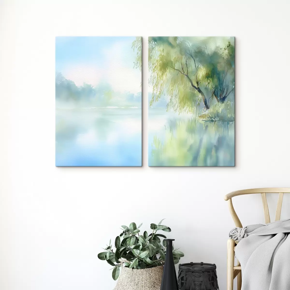Obraz vrba na břehu jezera v akvarelovém stylu Č. m00702