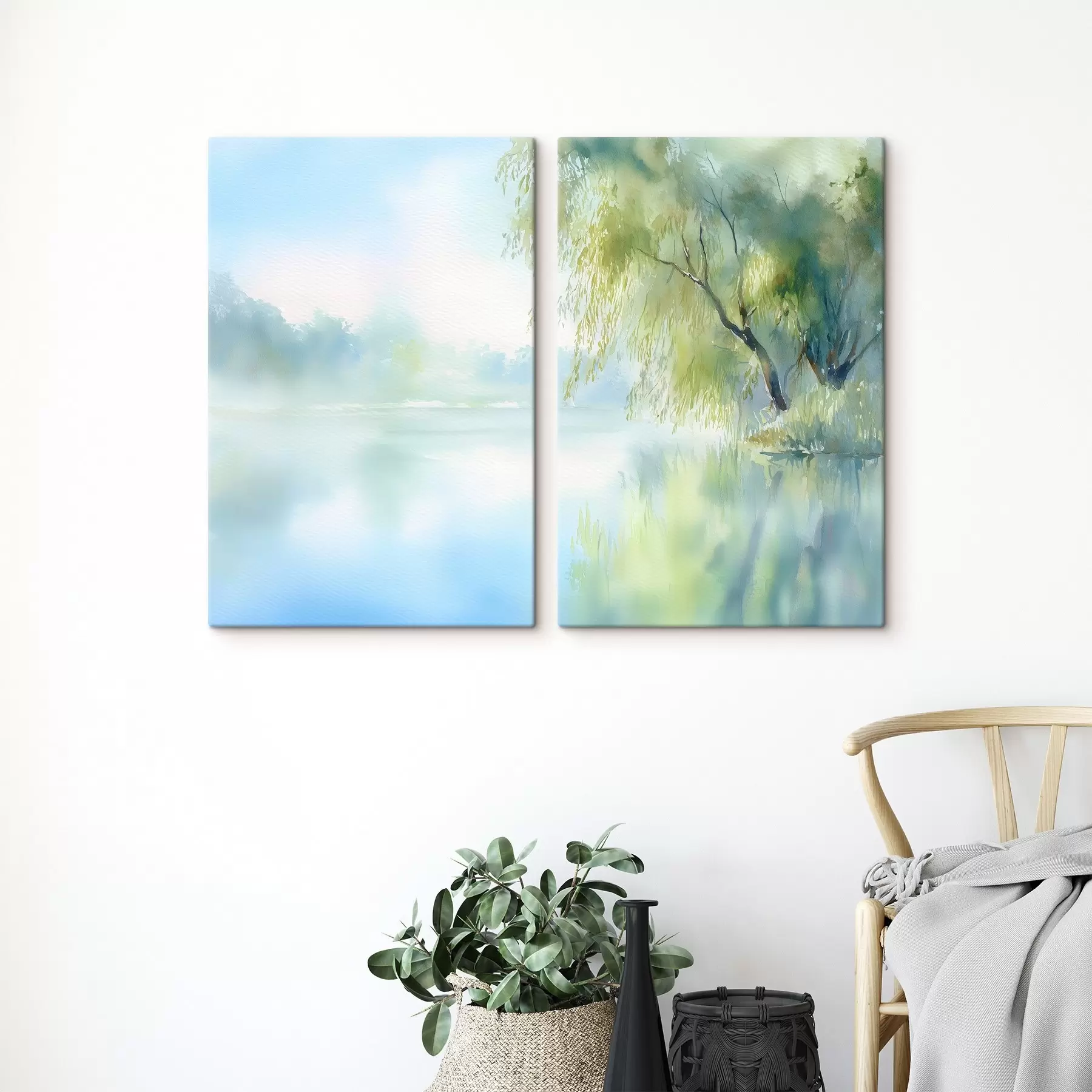 Obraz vrba na břehu jezera v akvarelovém stylu Č. m00702