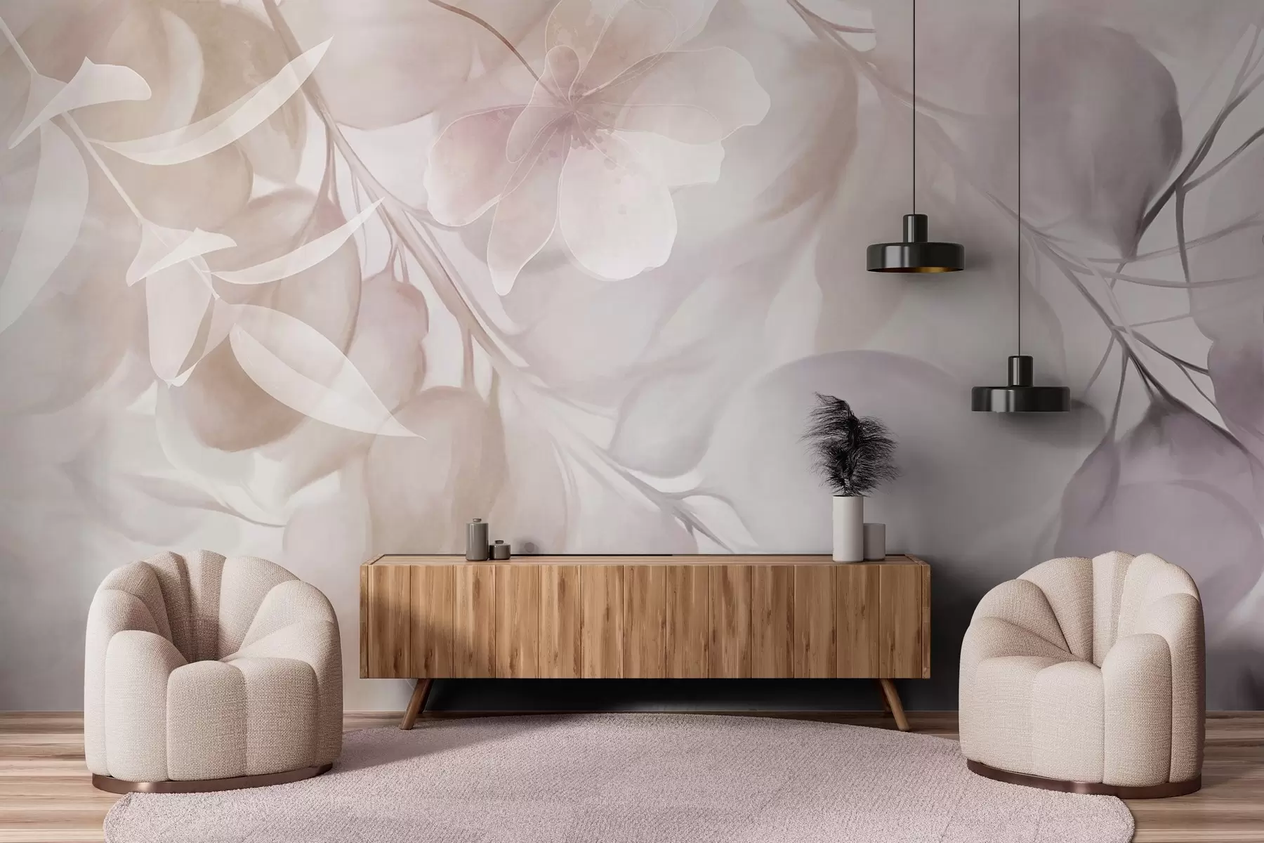 Fototapet Květinové umění s tlumenými béžovými a hnědými květy, listy a větvemi, jemnými pastelovými barvami a akvarelovým texturovaným efektem w09397