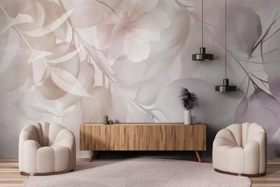 Fototapet Květinové umění s tlumenými béžovými a hnědými květy, listy a větvemi, jemnými pastelovými barvami a akvarelovým texturovaným efektem w09397