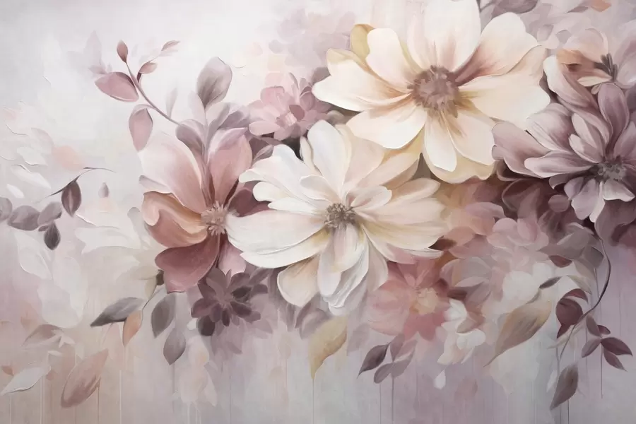 Fototapet Květinová kompozice s velkými texturovanými květy v jemných barvách v odstínech vínové, broskvové a bílé, s jemnými listy w09398