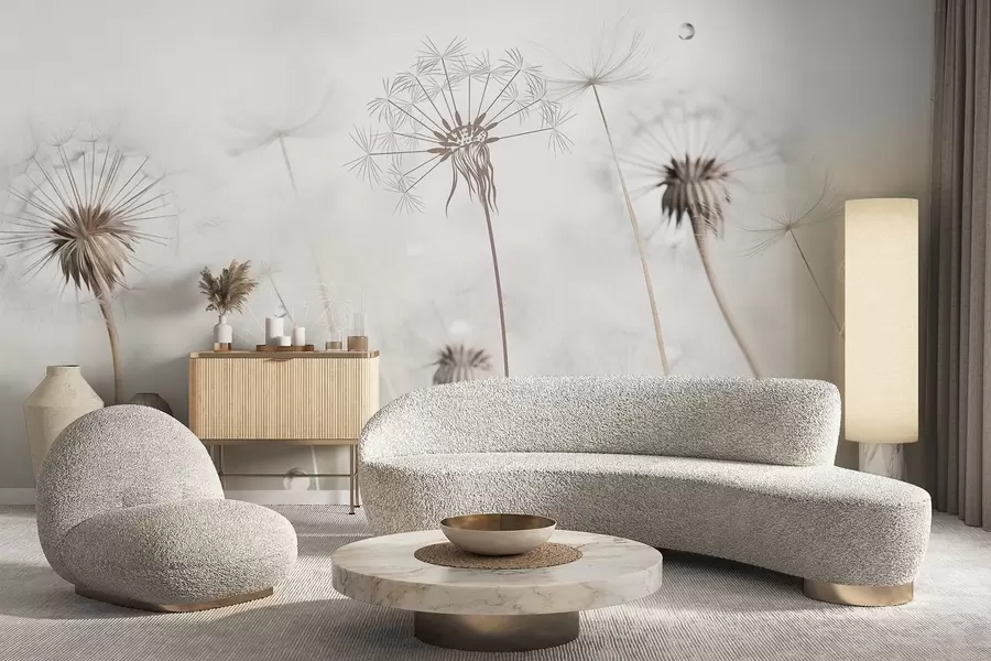 Fototapet Pampelišky s kapkami vody, bílé pozadí, detailní záběr, měkké světlo, příroda, botanika, éterické, jemné, minimalistické w09399