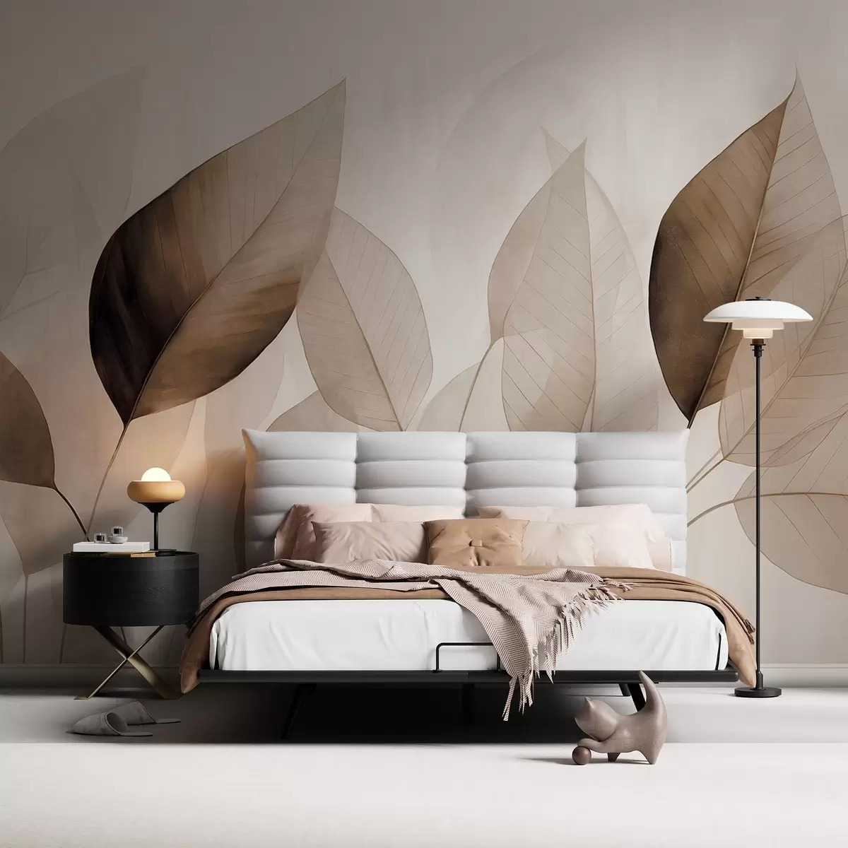 Fototapet Texturovaná malba imitující listy v odstínech hnědé a béžové s jemnými žilkami a stonky w09400v1