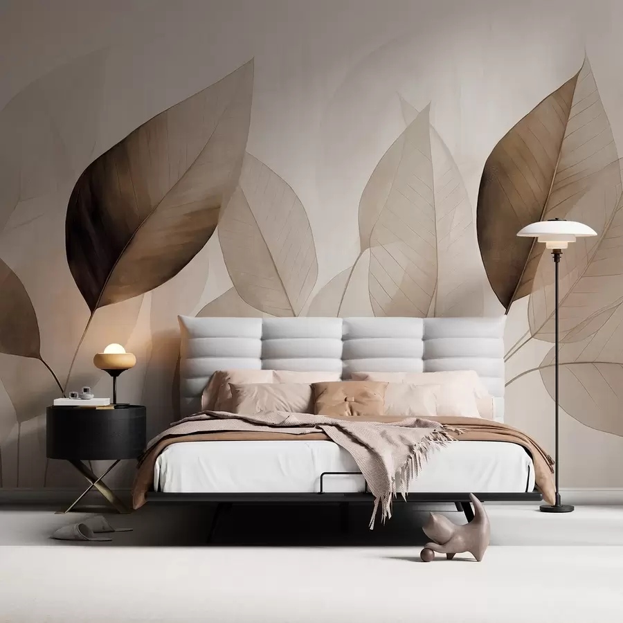 Fototapet Texturovaná malba imitující listy v odstínech hnědé a béžové s jemnými žilkami a stonky w09400v1