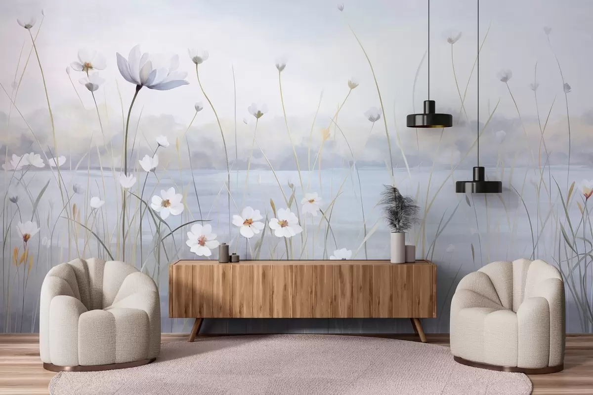 Fototapet Bílé květy s dlouhými stonky na poli, světle modrá obloha, jemné barvy, texturovaný, minimalistický styl, inspirovaný přírodou, klidné pozadí w09401