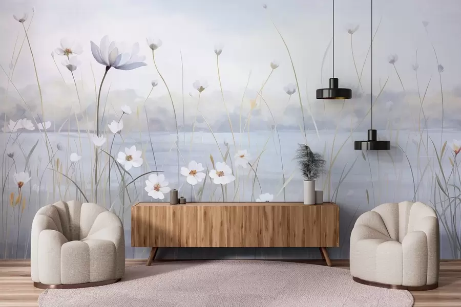 Fototapet Bílé květy s dlouhými stonky na poli, světle modrá obloha, jemné barvy, texturovaný, minimalistický styl, inspirovaný přírodou, klidné pozadí w09401