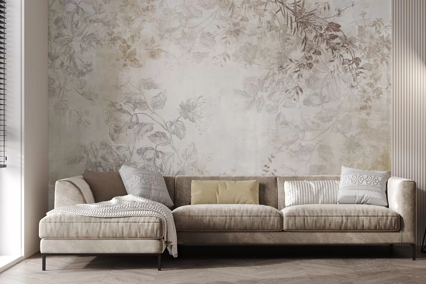 Fototapet Vintage texturované květinové umění s ilustracemi jemných zahradních květin a listů v kresebném stylu, v jemných pastelových béžových a sépiových tónech w09402