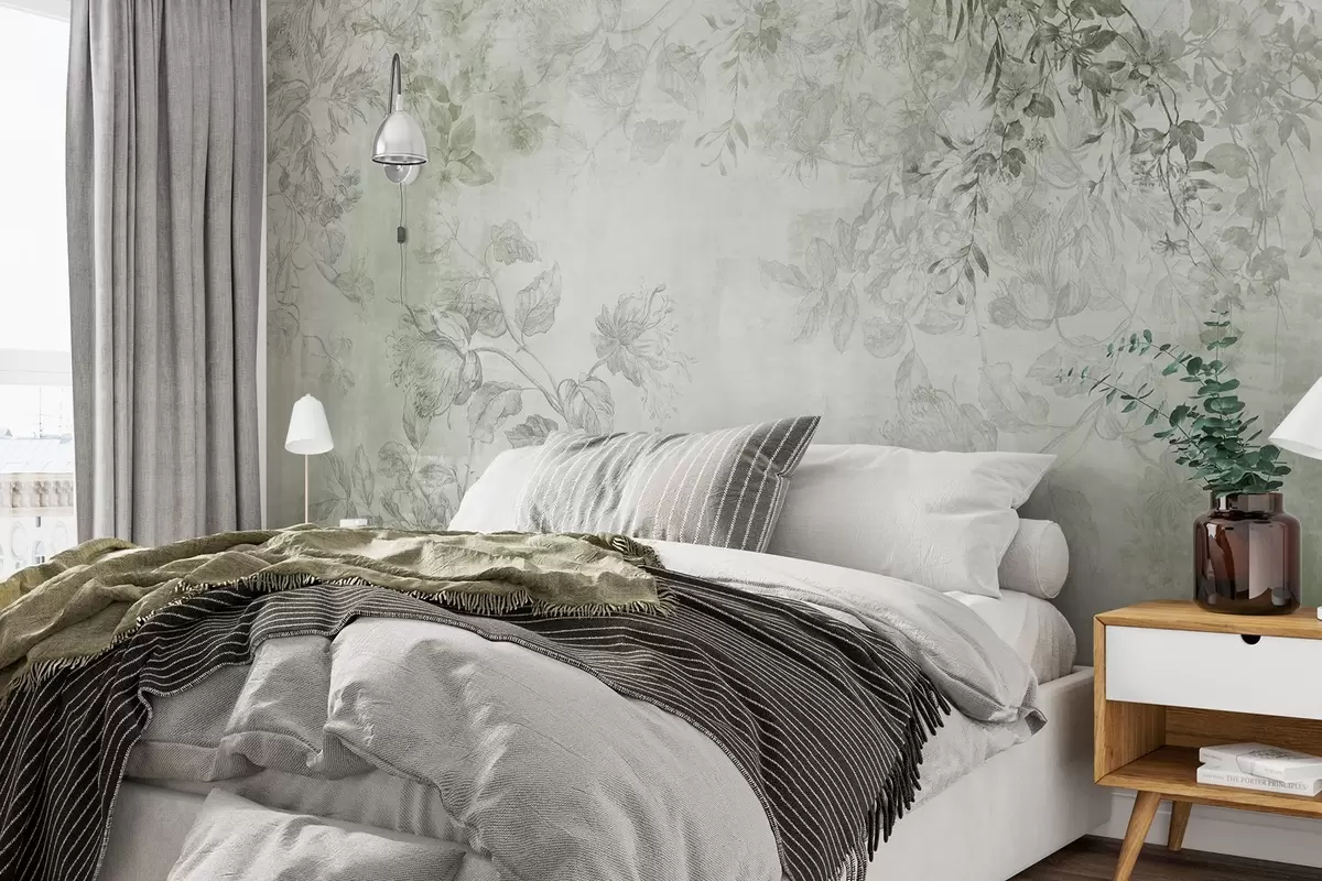 Fototapet Vintage texturované květinové umění s jemnými ilustracemi zahradních květin a listů v kresleném stylu, jemné zelené tóny w09402v2