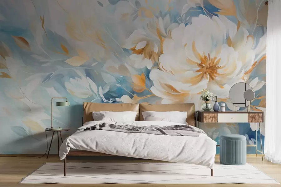 Fototapet Texturovaná bílá květina s modrými a žlutými detaily a listy na modrobílém abstraktním pozadí, malířský styl w09403