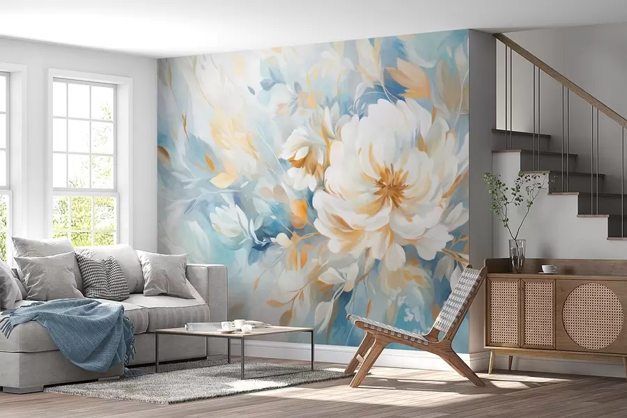 Fototapet Texturovaná bílá květina s modrými a žlutými detaily a listy na modrobílém abstraktním pozadí, malířský styl w09403