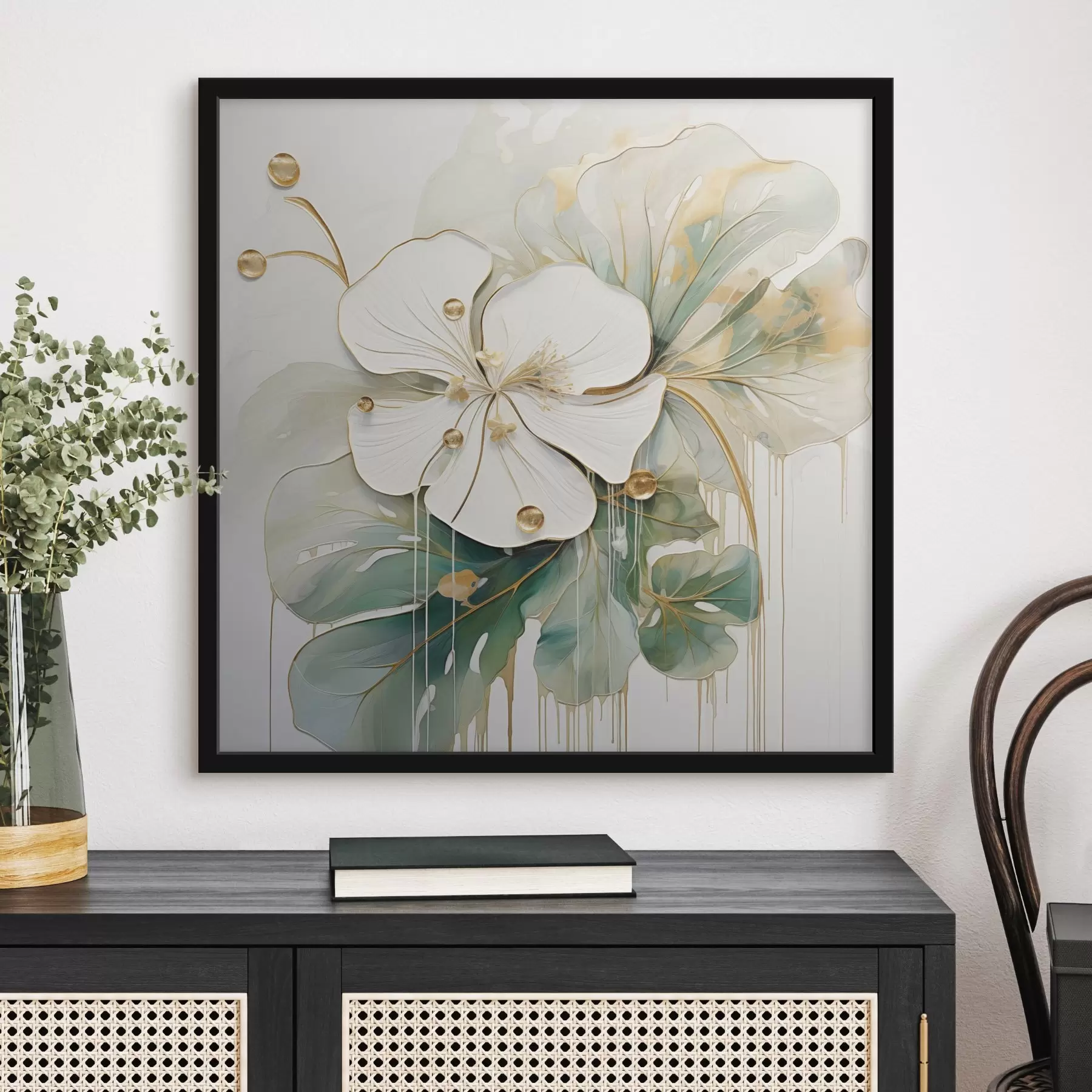 Fototapet Bílý květ se žlutooranžovými detaily a zelenými listy f45815