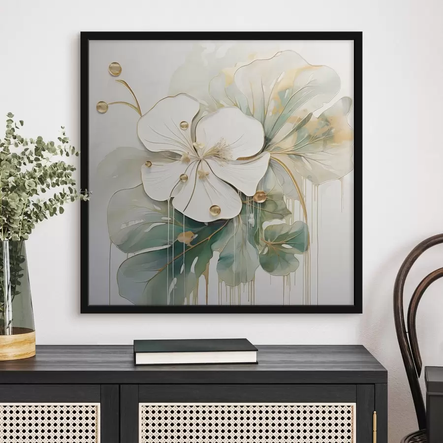 Fototapet Bílý květ se žlutooranžovými detaily a zelenými listy f45815