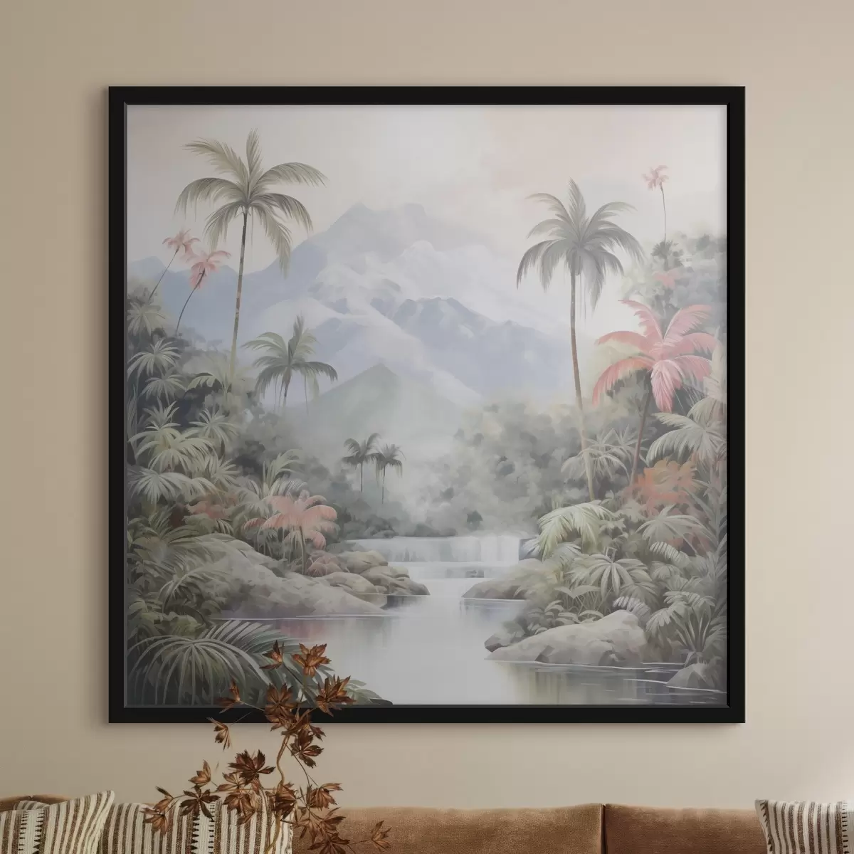 Poster Řeka v tropickém lese před horami f45913