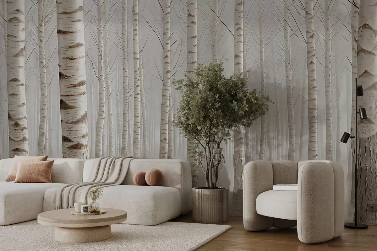 Fototapet Březový les v mlze, lehký minimalismus w04574