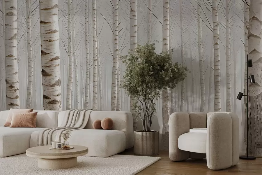 Fototapet Březový les v mlze, lehký minimalismus w04574