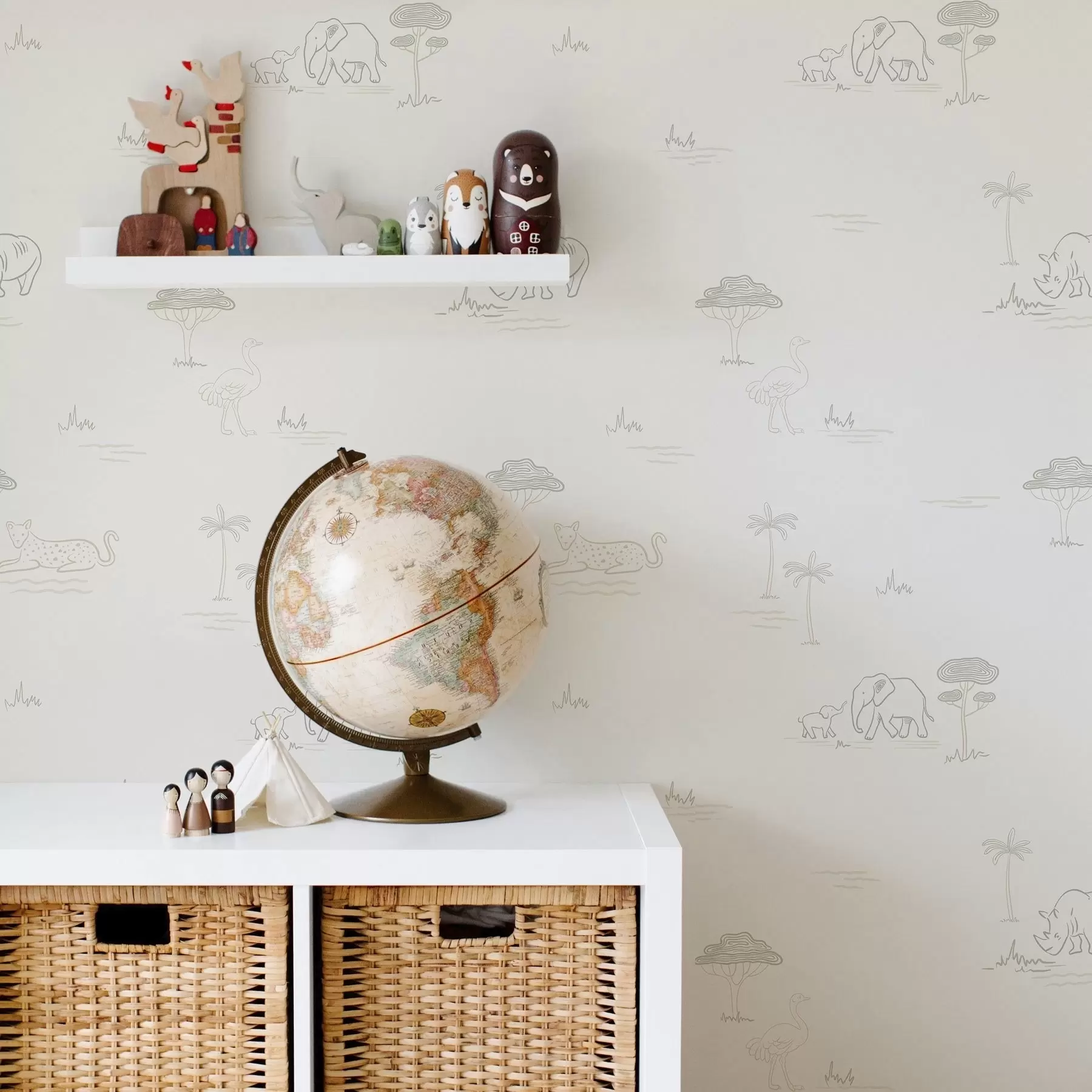 Fototapet Minimalistické safari: sloni, nosorožci, leopardi a palmy a00492