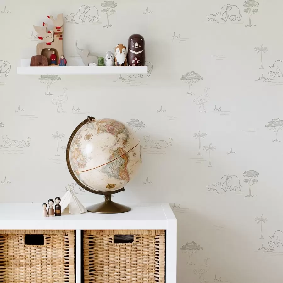 Fototapet Minimalistické safari: sloni, nosorožci, leopardi a palmy a00492