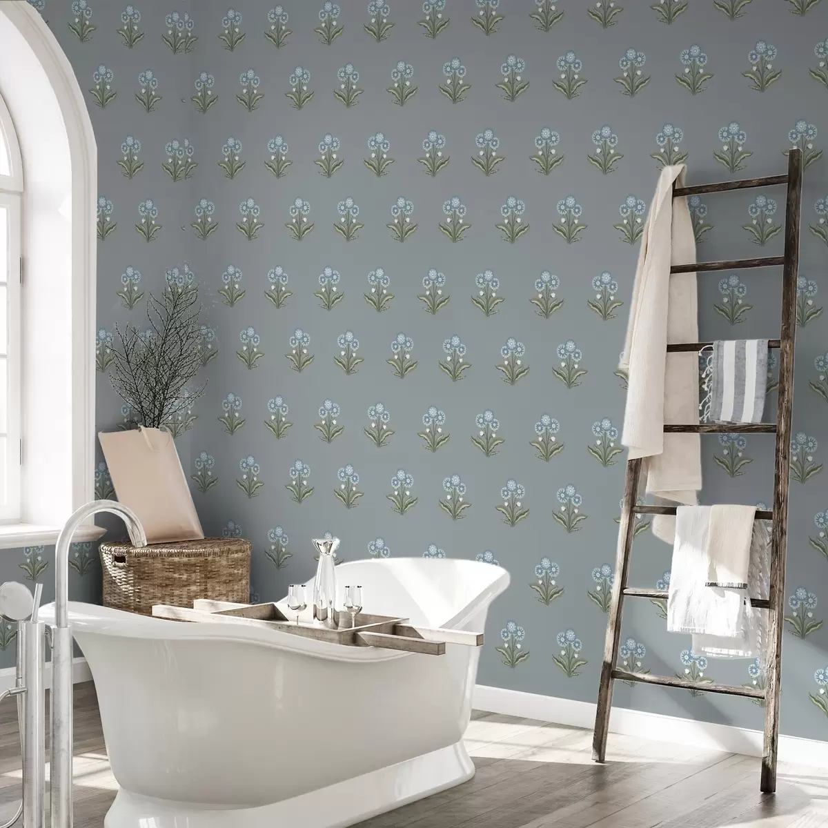 Tapety Stylizované květiny na šedomodrém pozadí, chladná paleta barev a00494v1